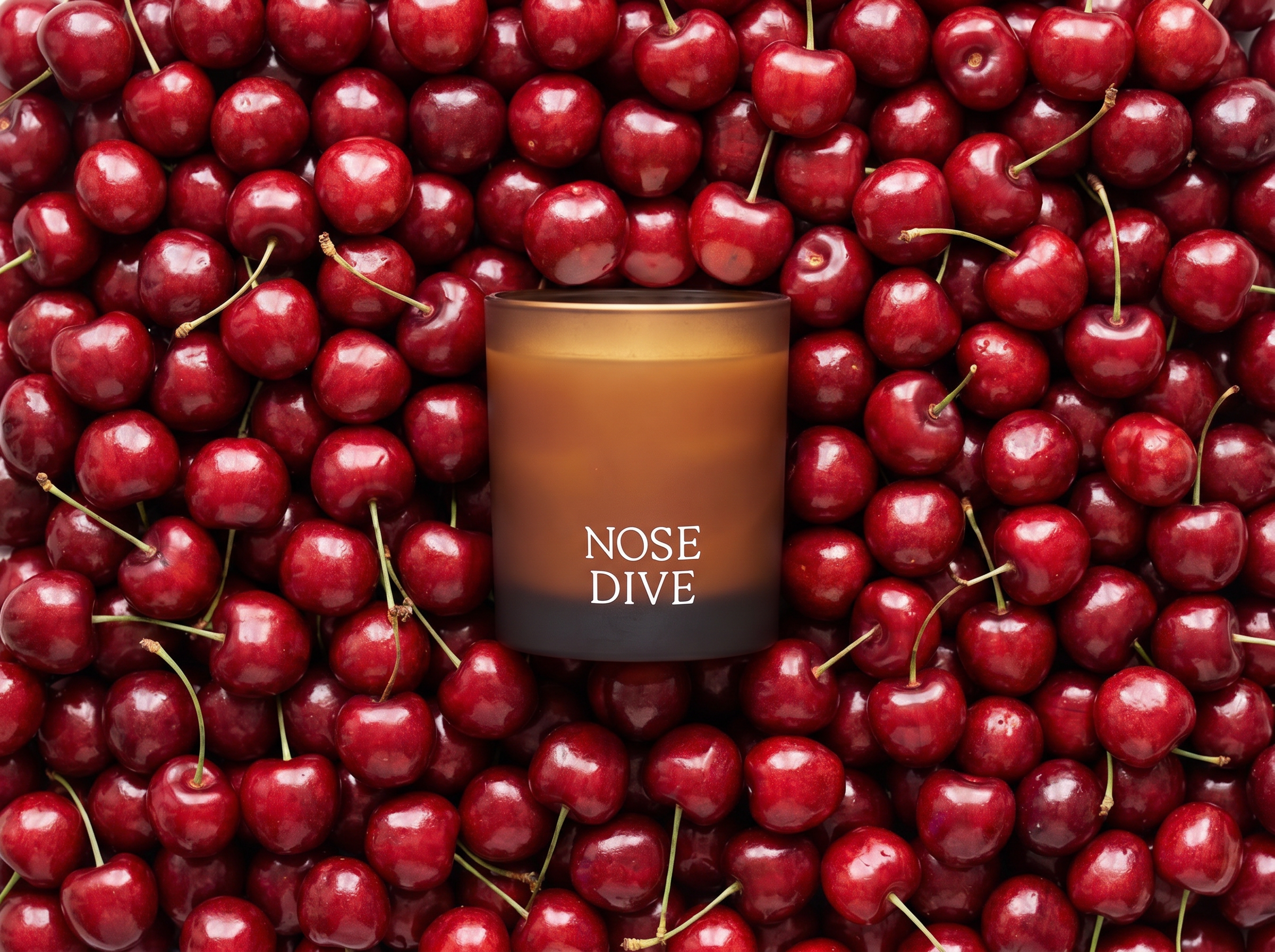 Cherry on Top luxury candle with fresh cherries styling, Nose Dive x Brooklyn's Bites collab