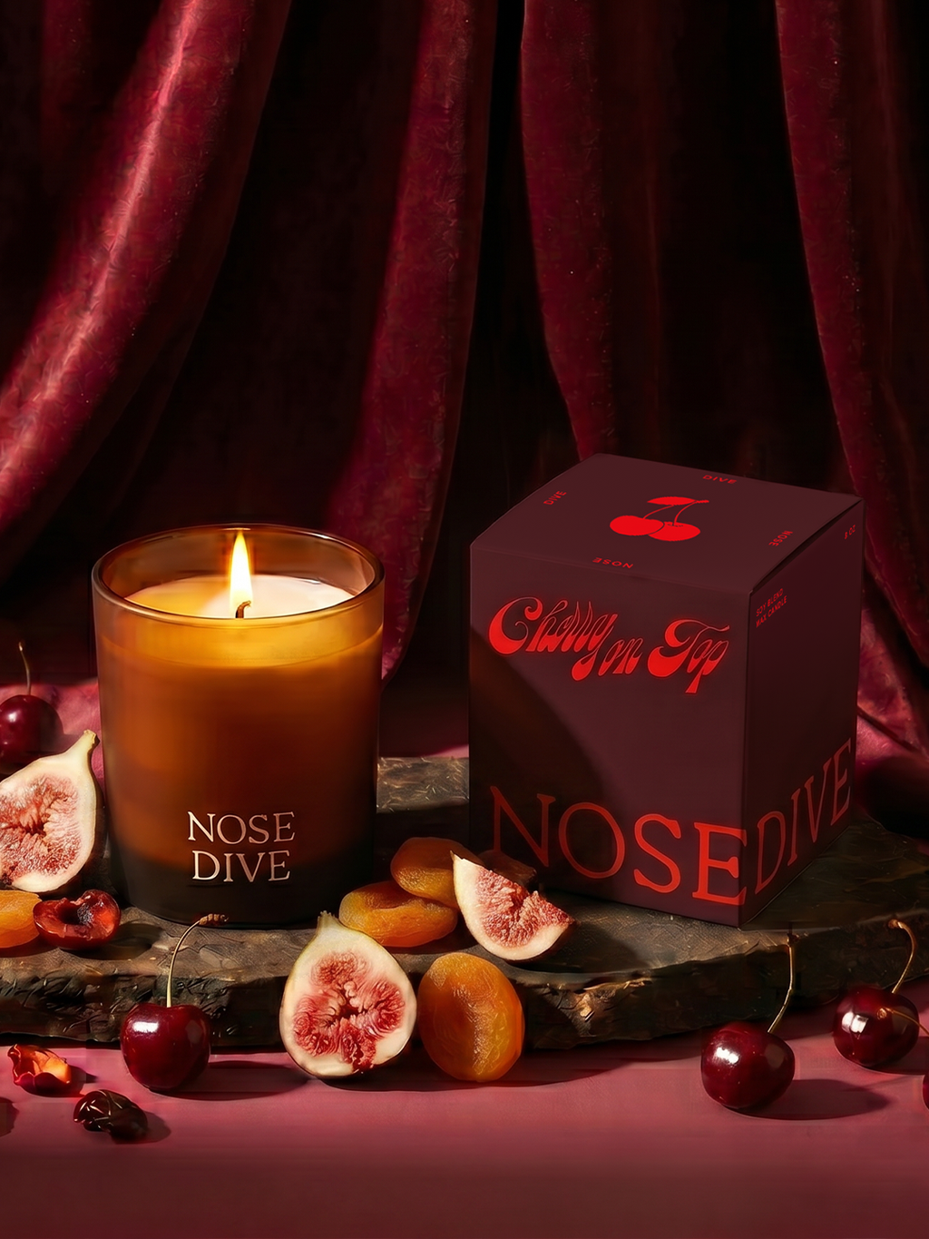 Cherry on Top scented candle 4x3 product shot, Nose Dive x Brooklyn's Bites