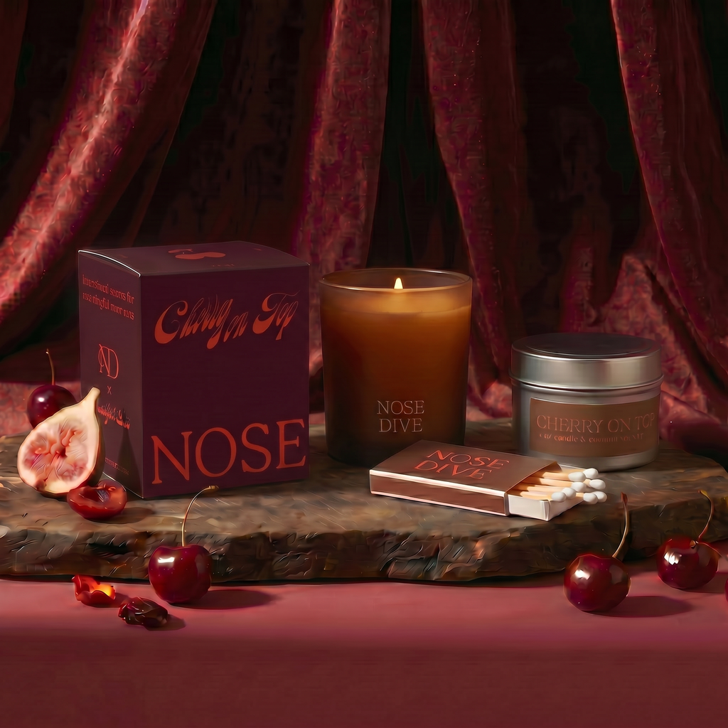 Brooklyn's Bites candle bundle — Cherry on Top 8oz candle, 4oz mini tin, and Nose Dive matchbox gift set